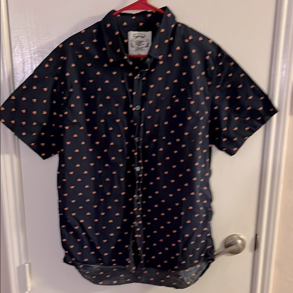 Sunday Work Clothes. Navy bear print button down short sleeve shirt